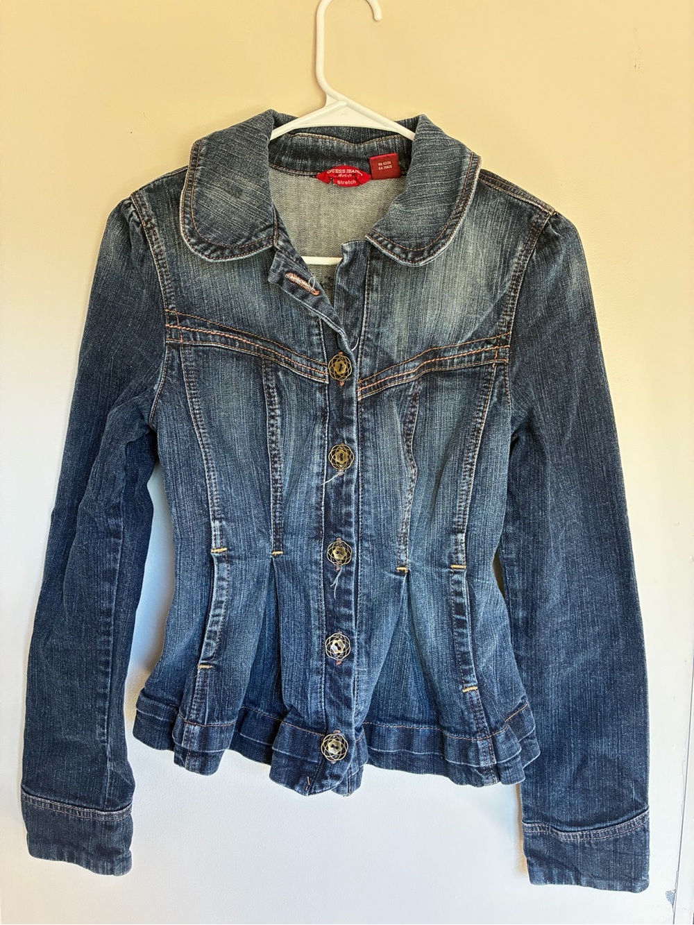 Guess Women's Distressed Blue Denim Jacket with Decorative Buttons